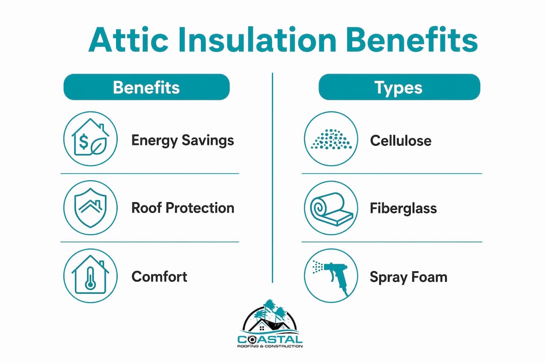 Infographic illustrating attic insulation benefits and types