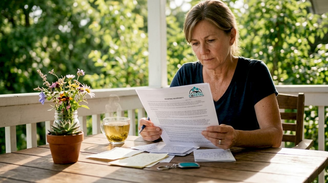 Homeowner reading roofing warranty paperwork