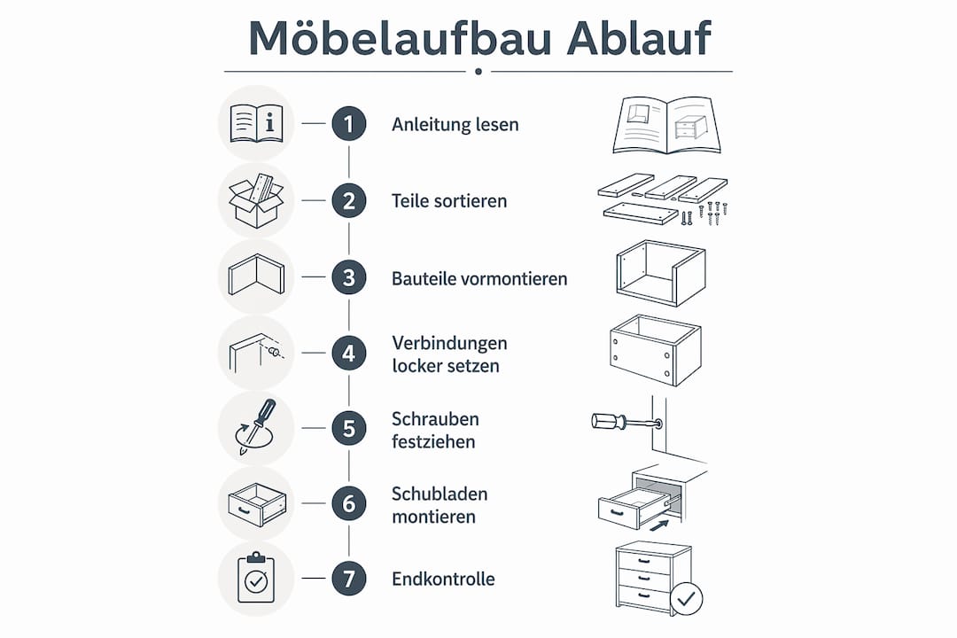 Übersicht: In zehn Schritten zum fertig aufgebauten Möbelstück