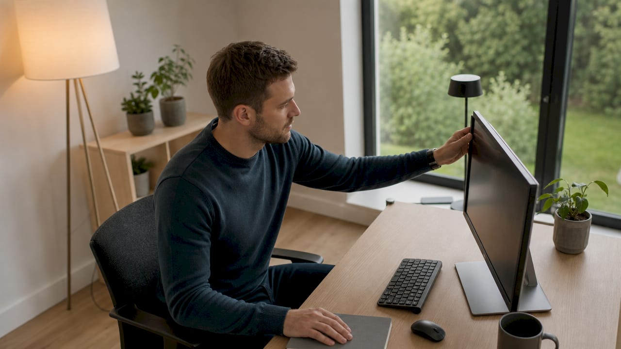 Ein Mann richtet im Homeoffice die Höhe seines Monitors optimal ein.