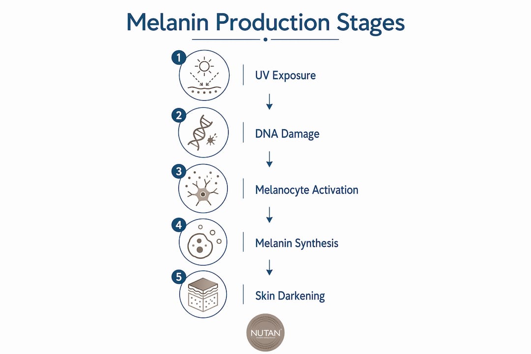 Infographic illustrating melanin production stages