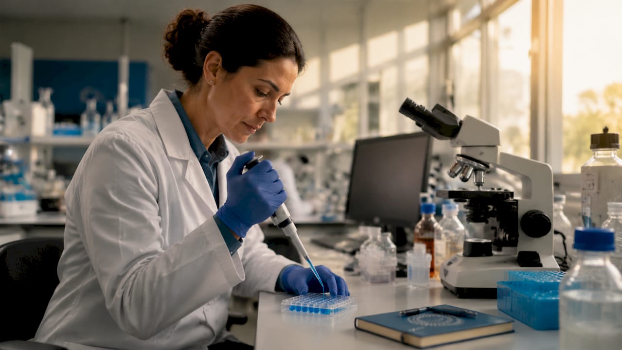 Scientist pipetting skin tanning hormone