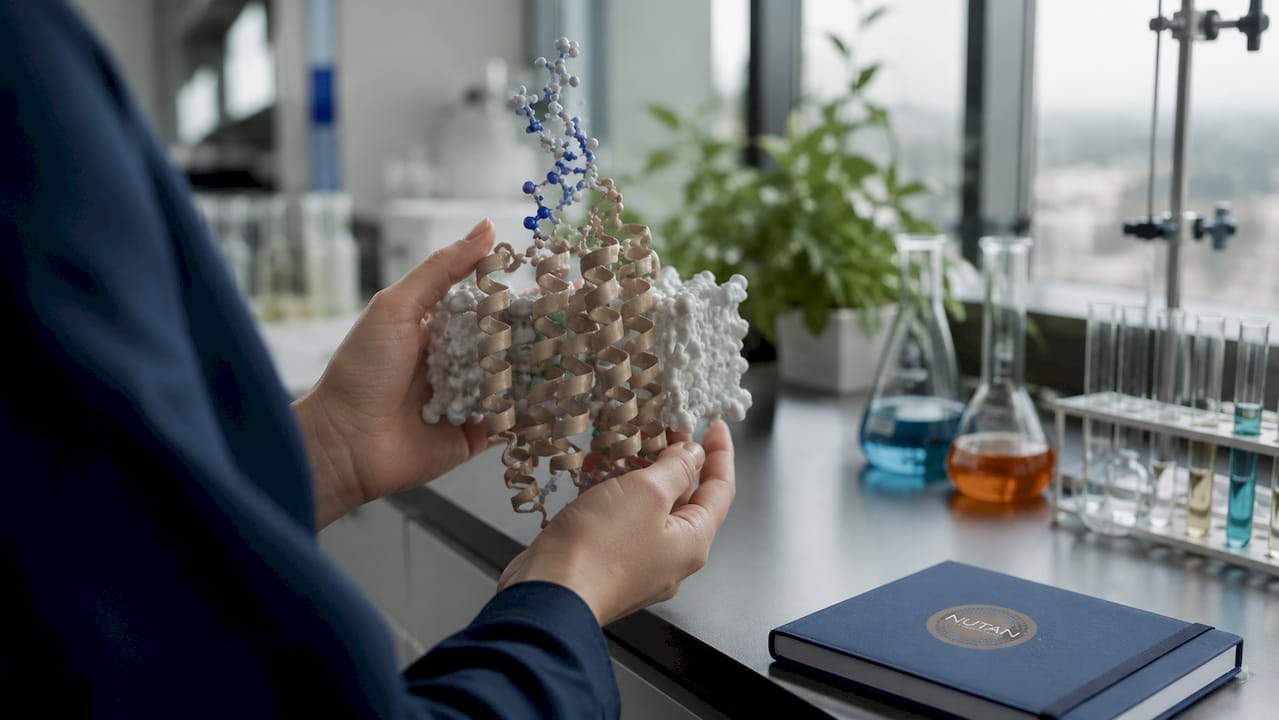 Hands holding molecular model of skin receptor