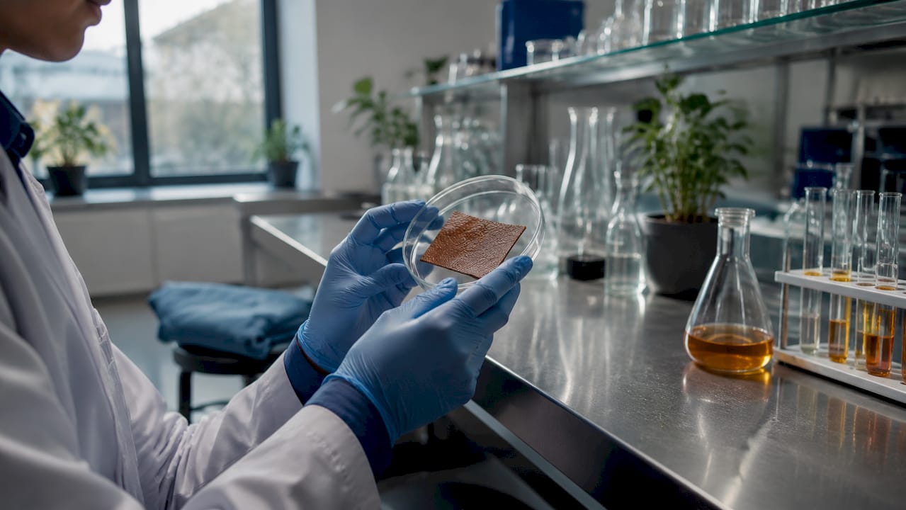 Hands holding petri dish with oxidizing leather sample