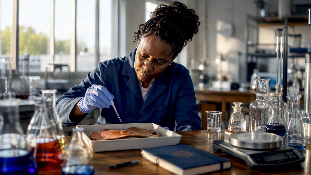 Chemist adding reagent to leather in laboratory