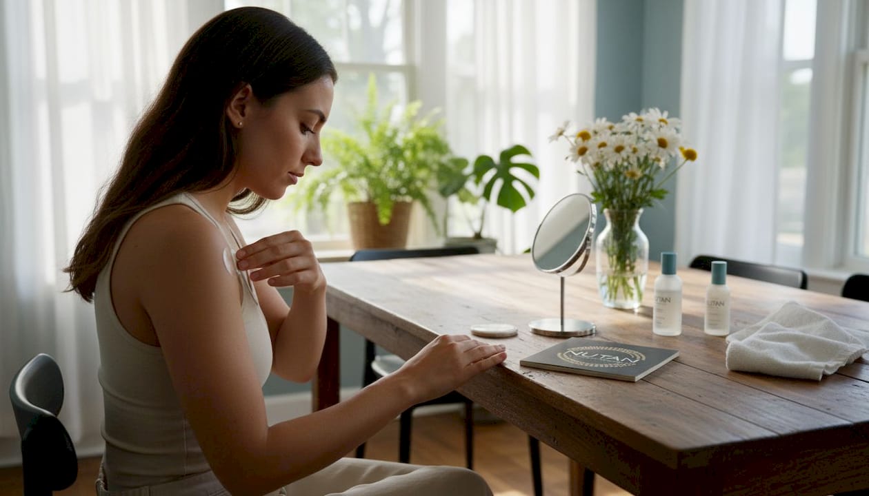 Woman applying discreet tanning patch at home