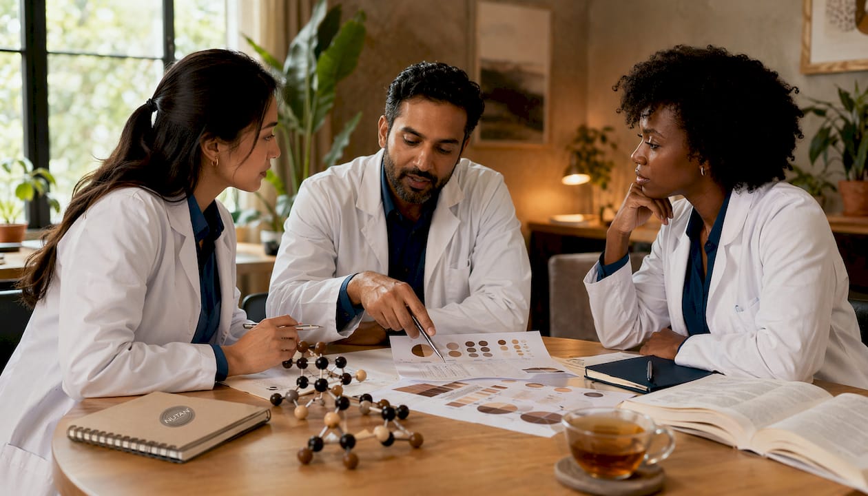 Dermatologists discussing melanin types around a conference table
