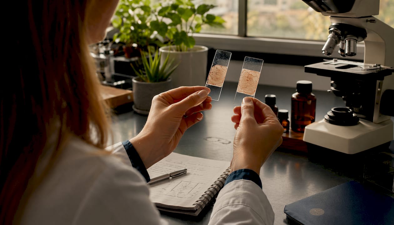Scientist holding skin sample slides showing melanin differences