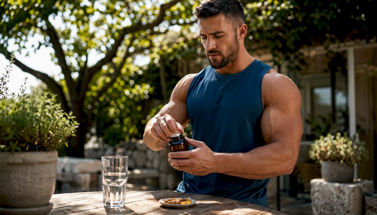 Bodybuilder opening tanning supplement bottle in kitchen