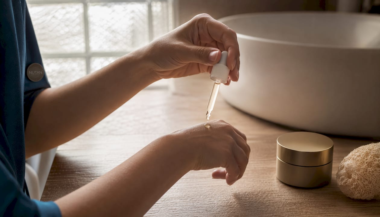 Hands holding vitamin C serum dropper bottle