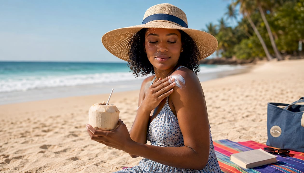 Woman applying sunscreen in sunny park