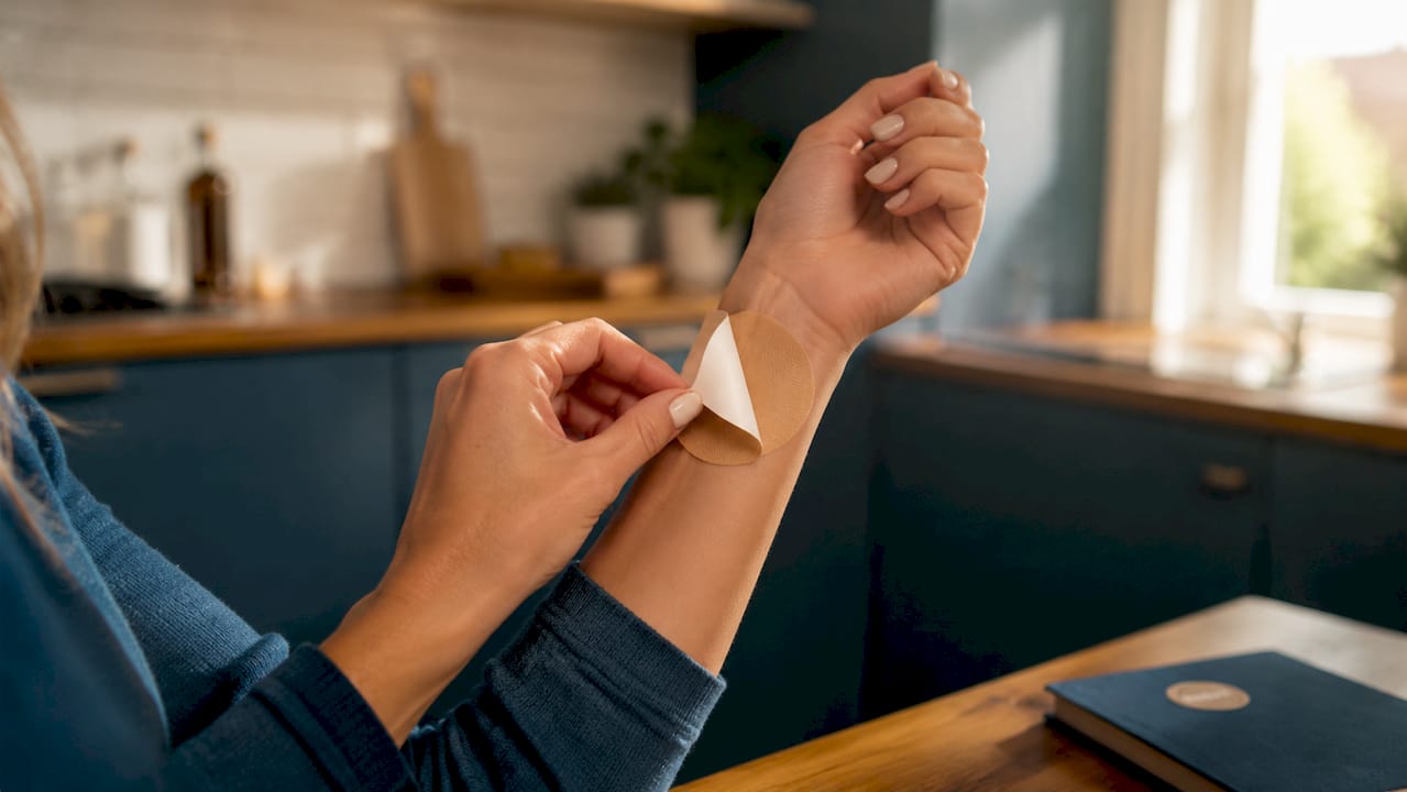 Hands applying NuTan tanning patch on arm