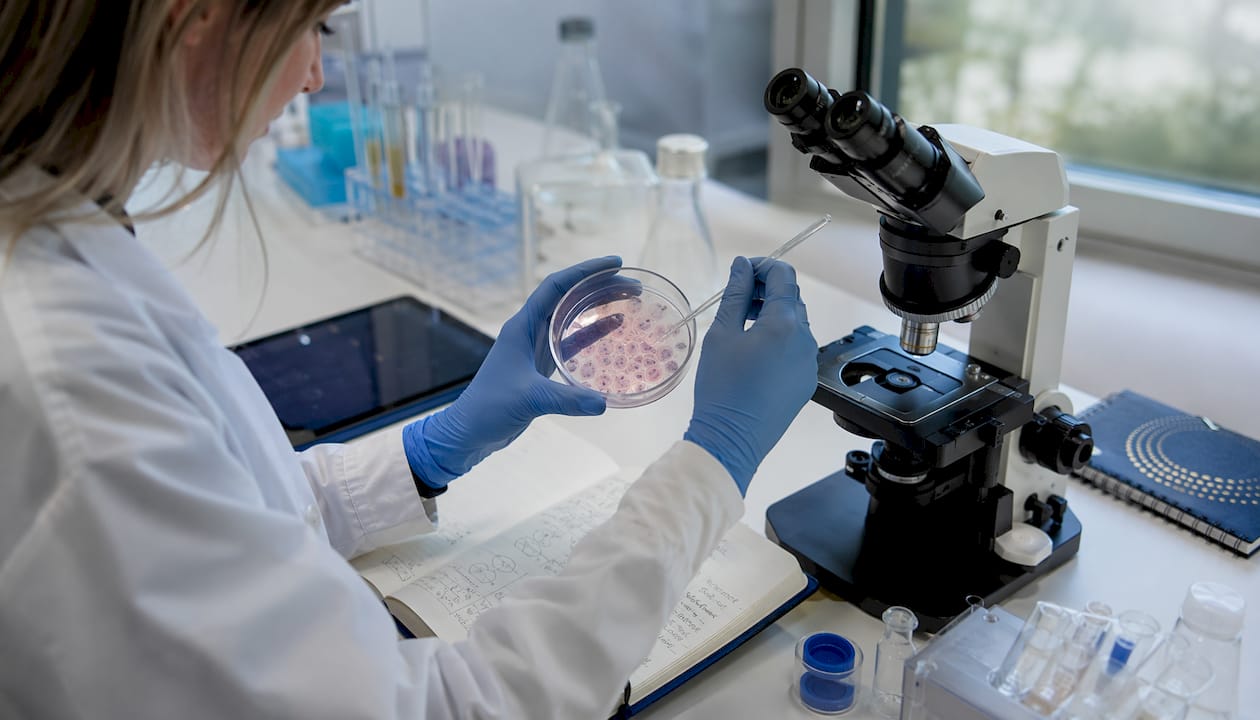Hands applying UV stain to skin cells in laboratory