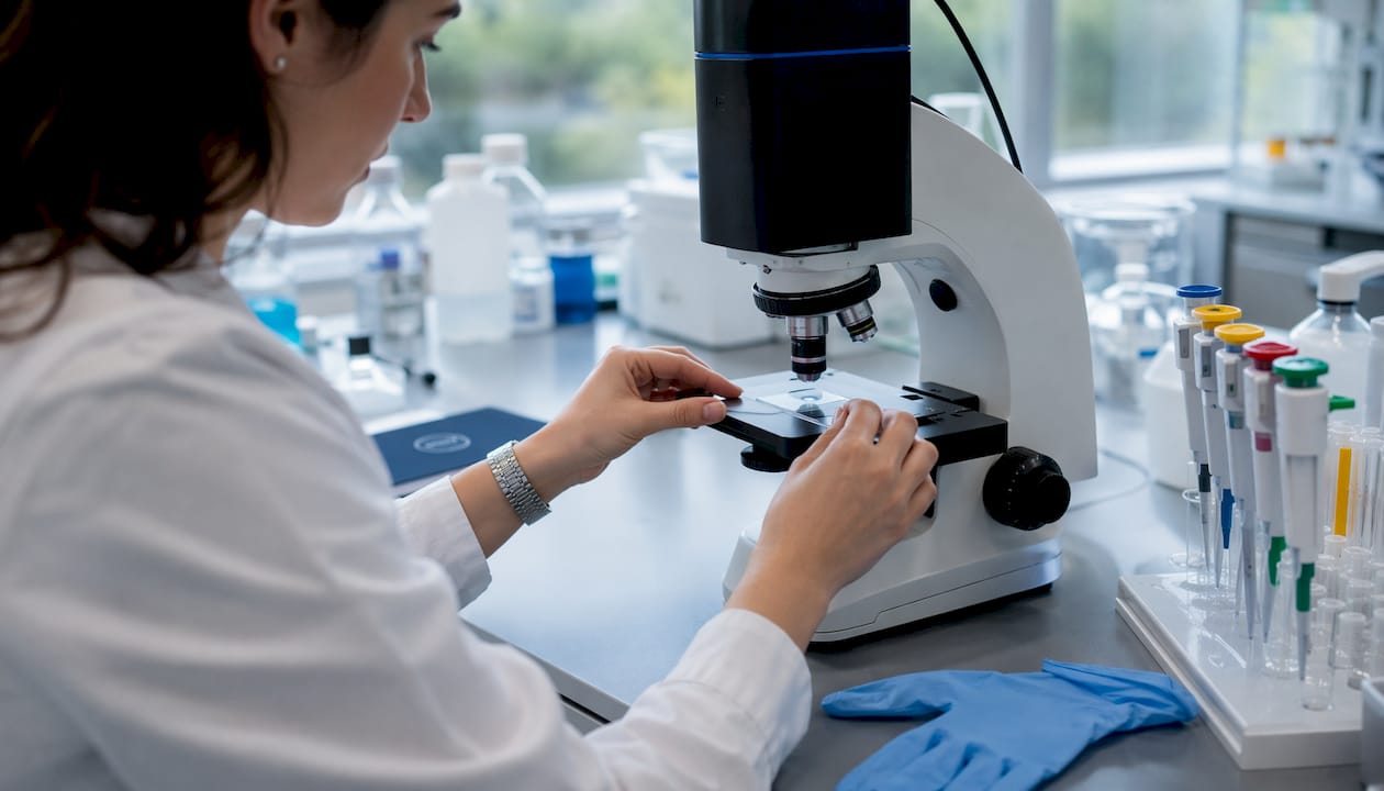 Scientist examining microscope slide on receptor study