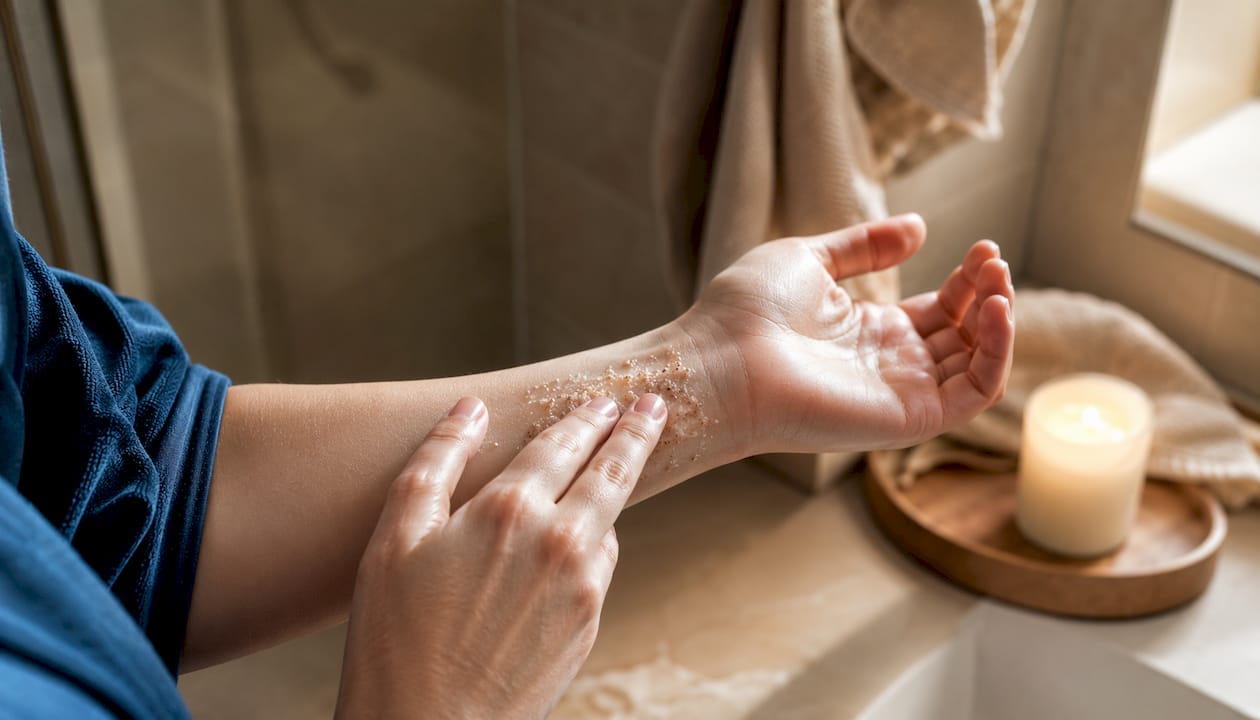 Close-up hand with exfoliating scrub texture
