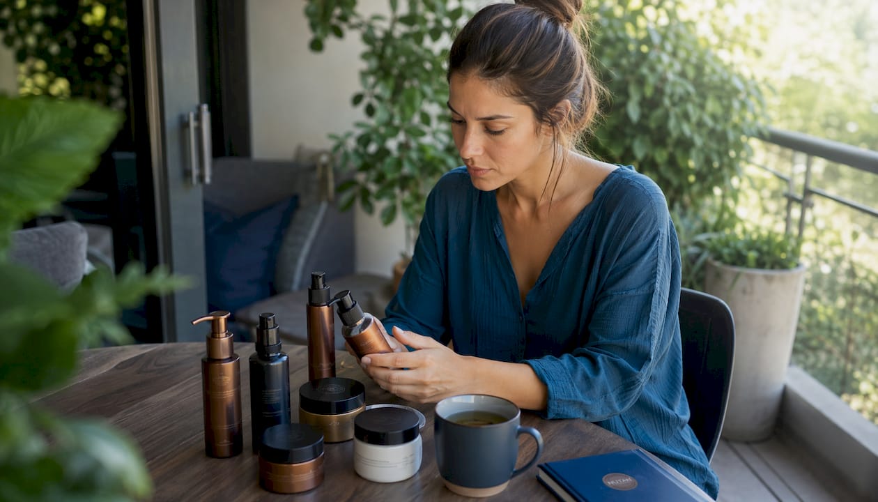Woman comparing self tanning products at kitchen table