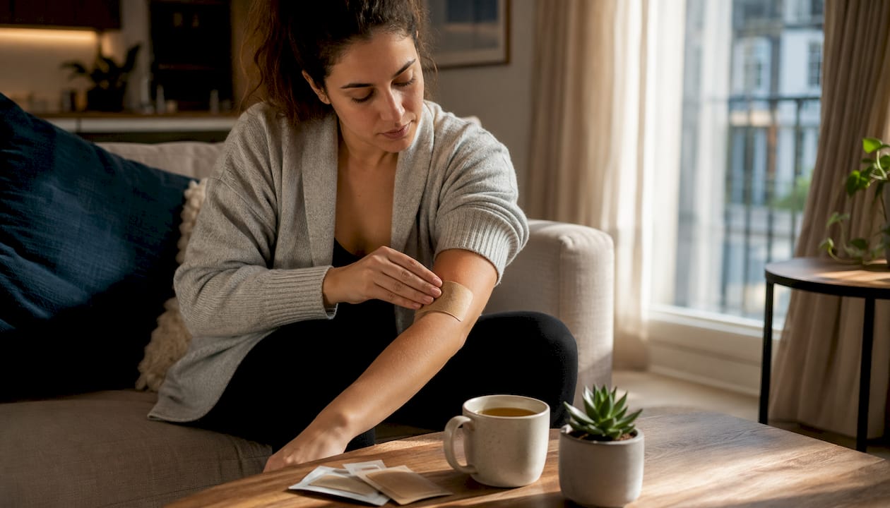 Woman applying UK-safe tanning patch at home