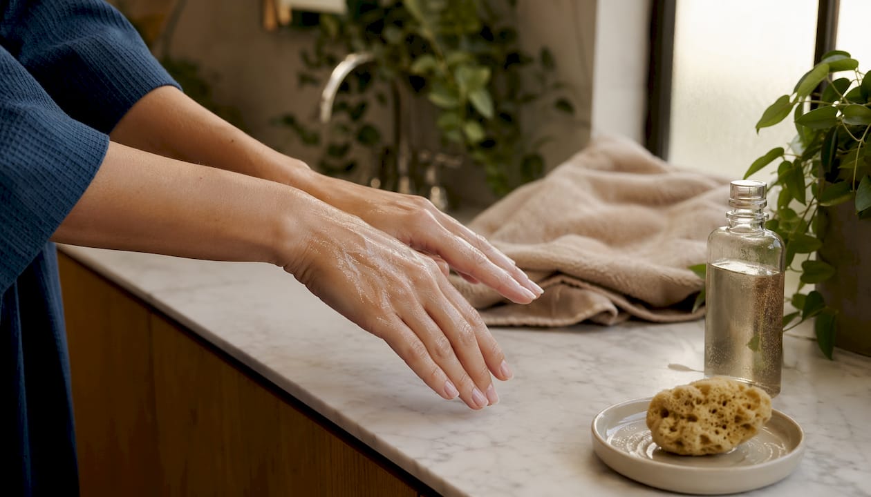Hands cleansing skin before tanning