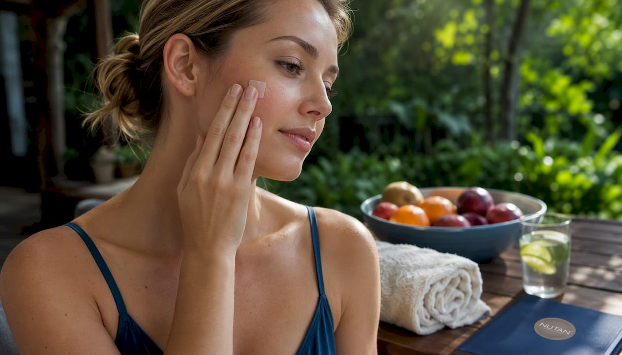 Woman applying small translucent white patch for skin plumping