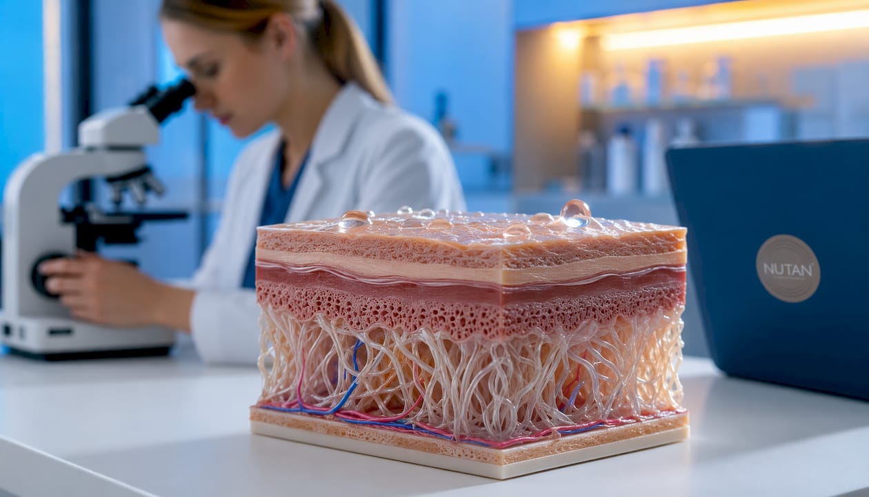 Close-up of skin cross-section model showing hydration and collagen