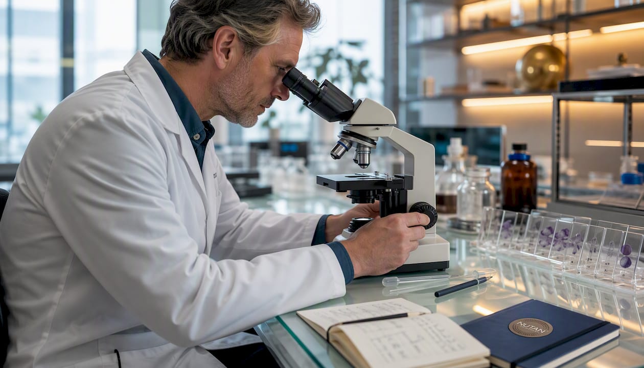 Scientist examining skin cell damage under microscope