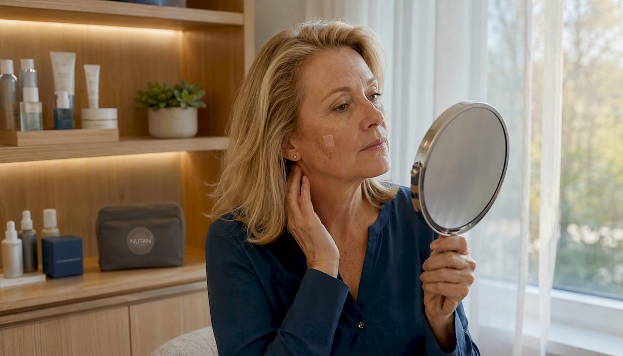 Older woman examining photoaged skin with patch applied