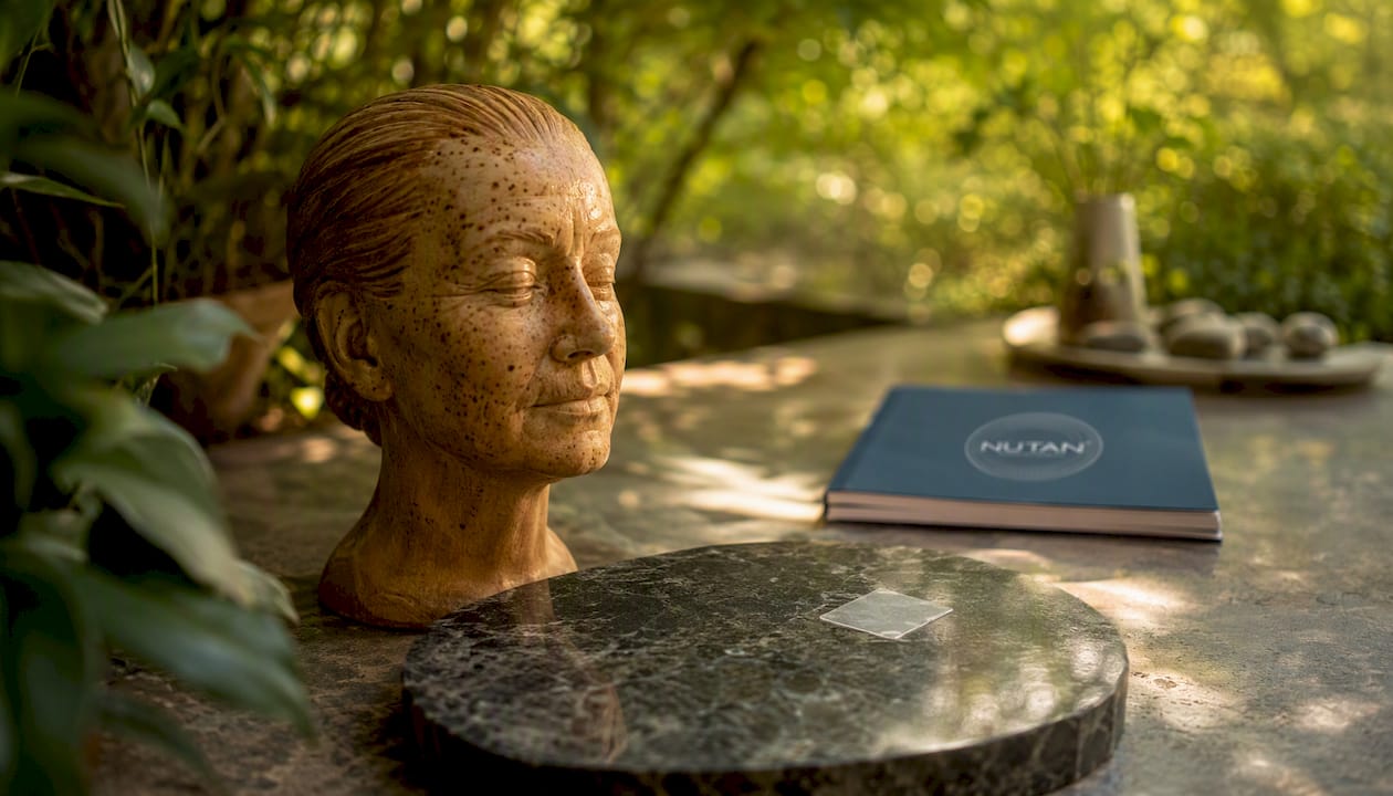 Wooden head model showing photoaging signs with patch