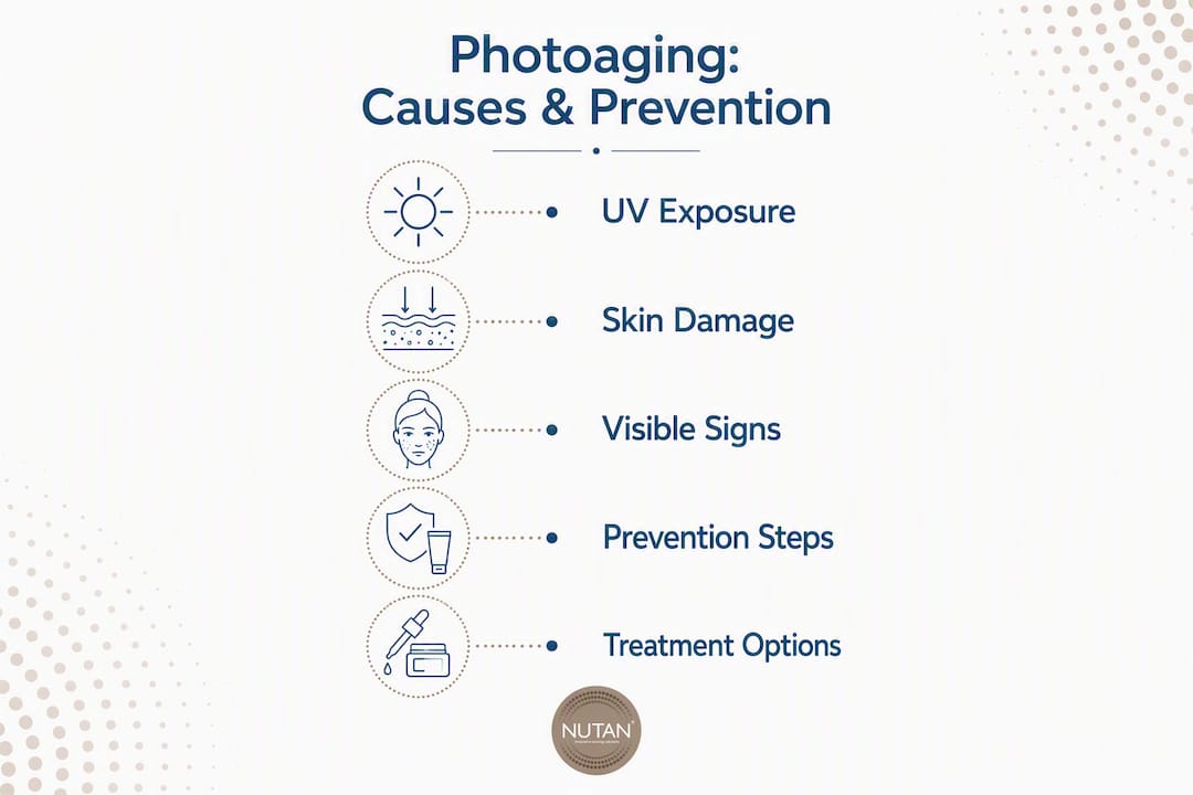 Infographic showing photoaging process and prevention steps