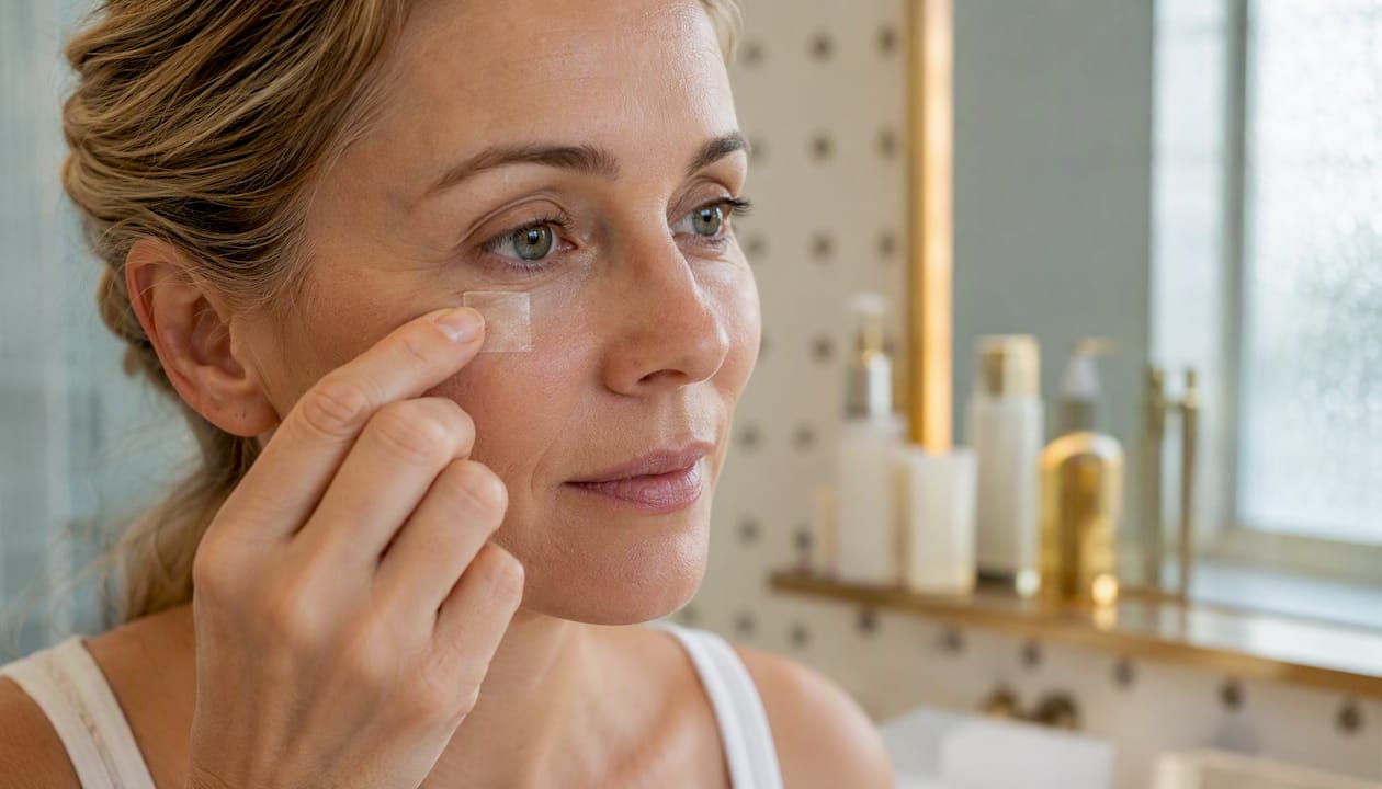 Woman applying translucent tanning patch near eye