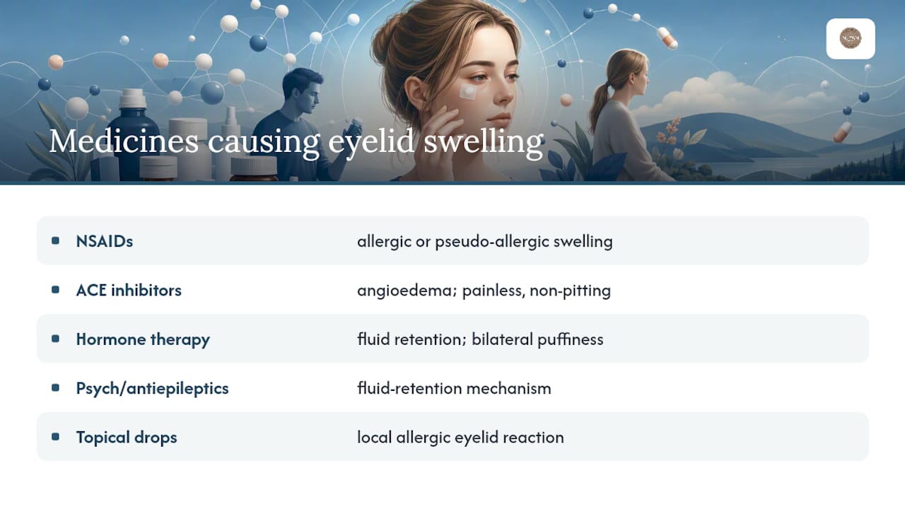 Which medicines can cause or worsen eyelid swelling? — overview diagram