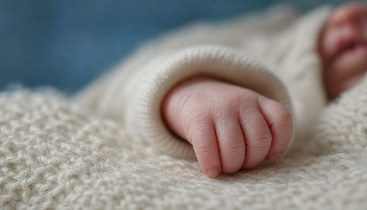 Newborn baby’s delicate skin on white blanket