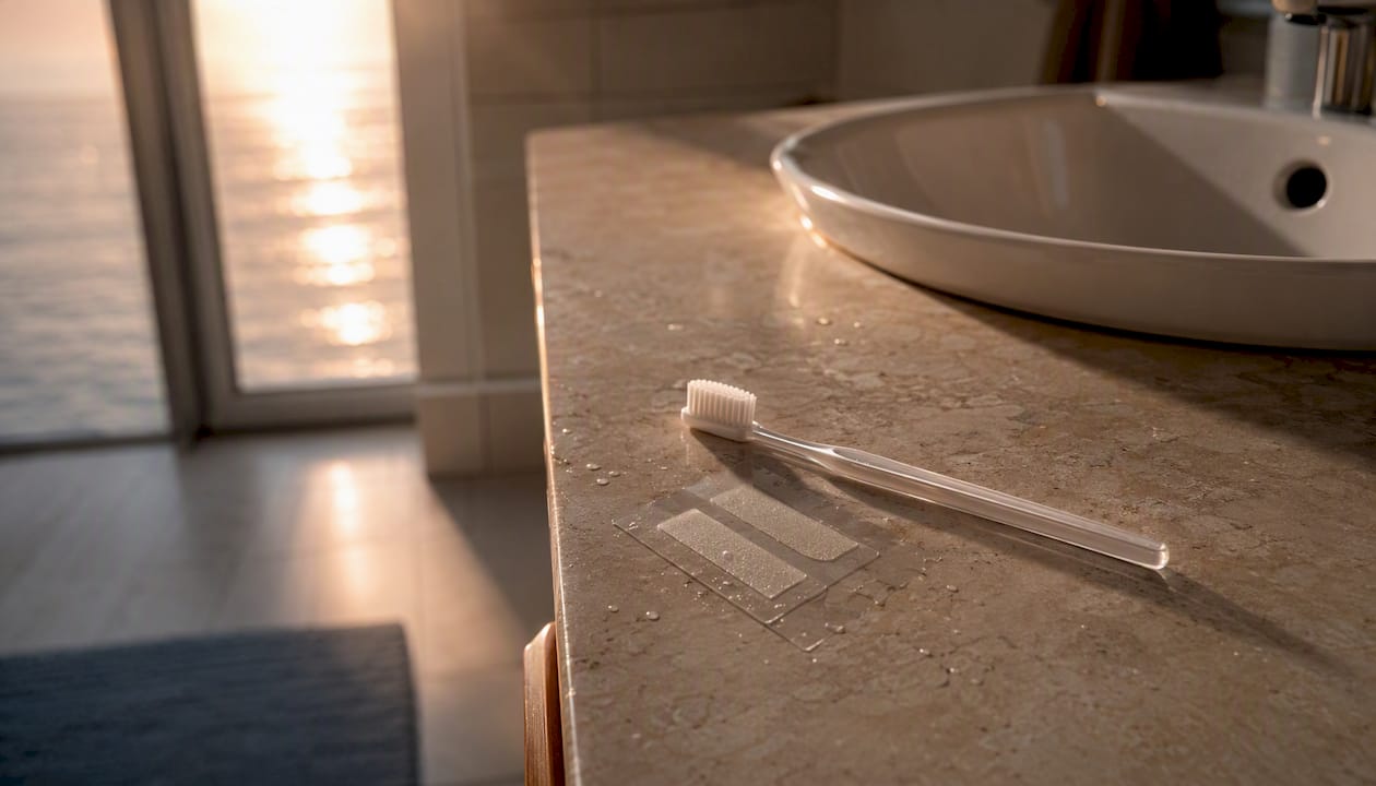 Bathroom counter with teeth whitening oral care items