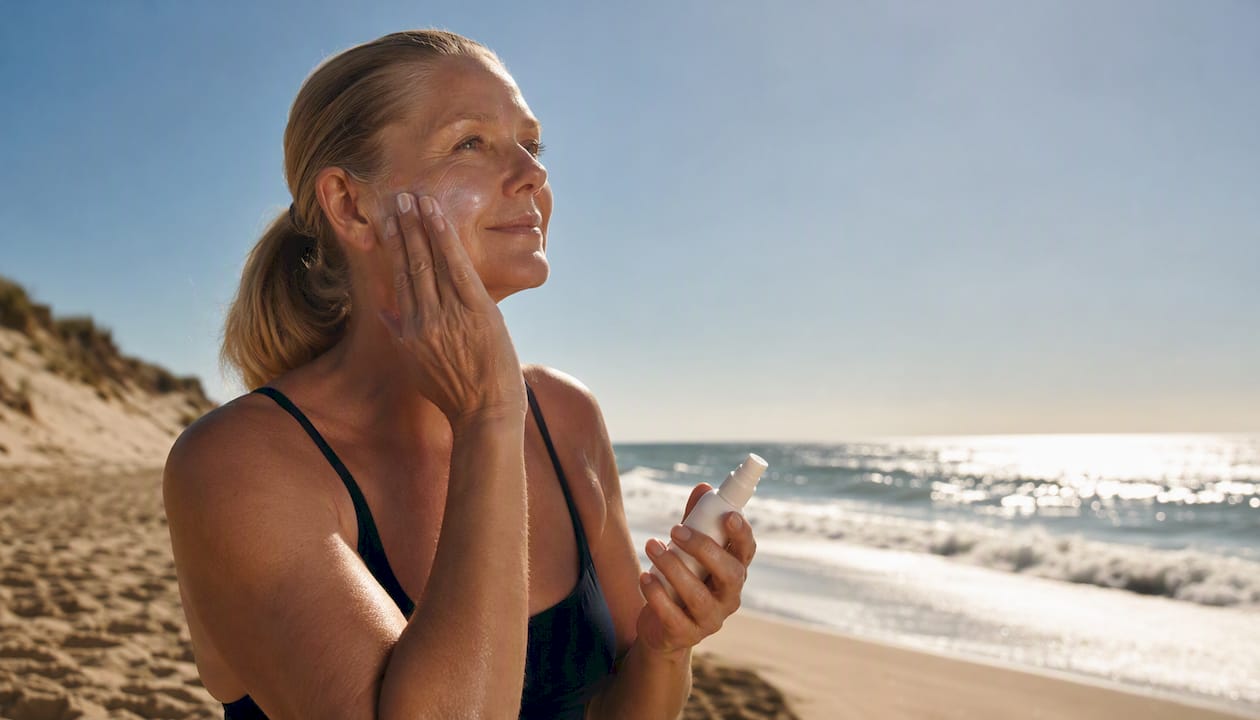 Woman applying sunscreen outdoors with sun-kissed glow