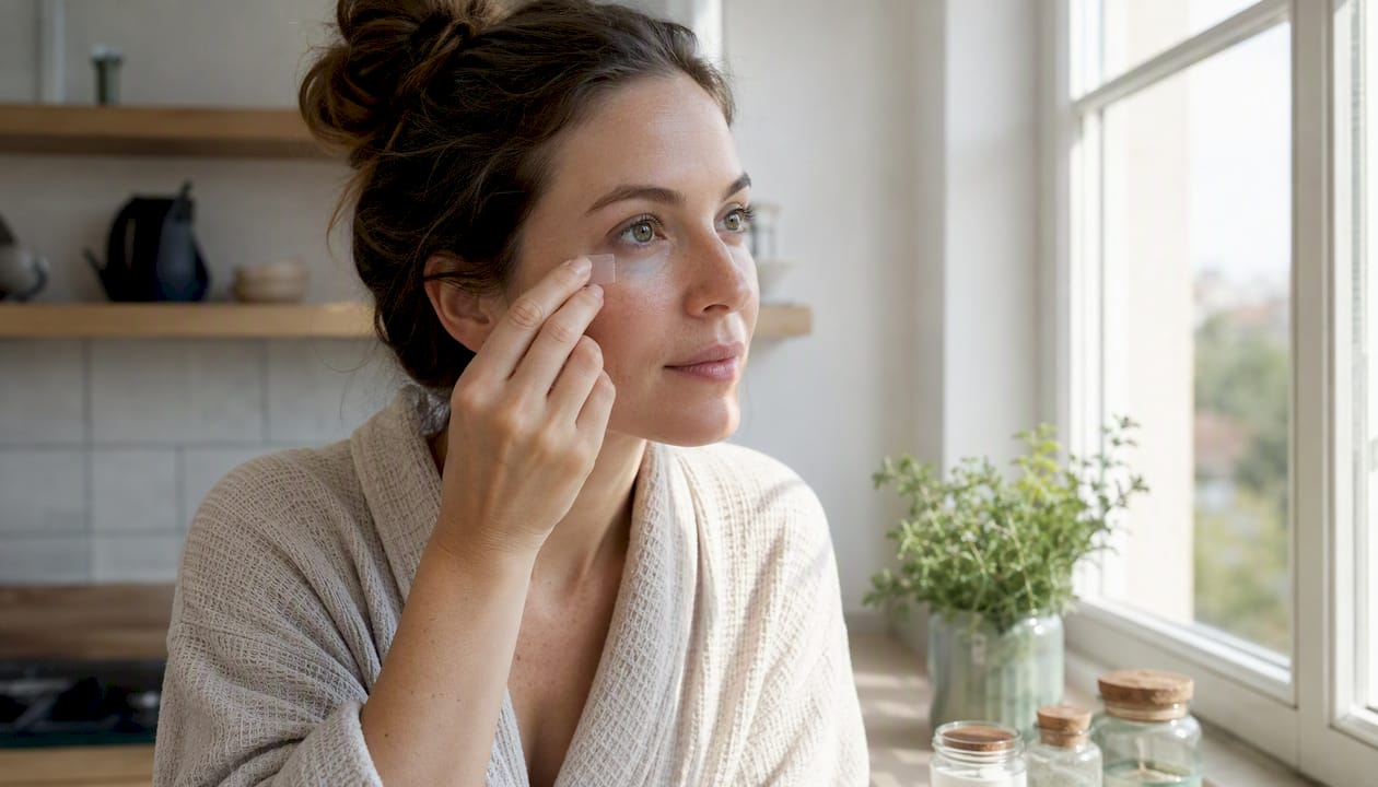 Applying translucent eye patch under eye