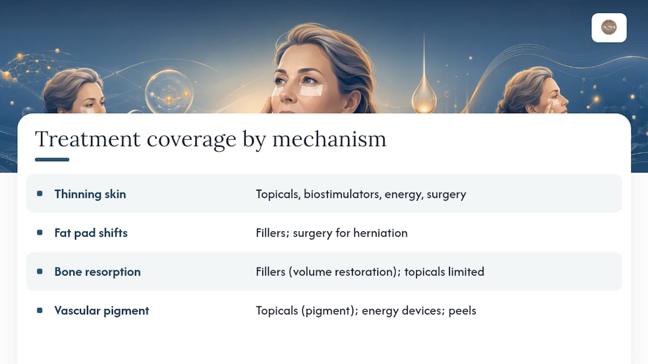 Diagram of under-eye ageing mechanisms and treatments