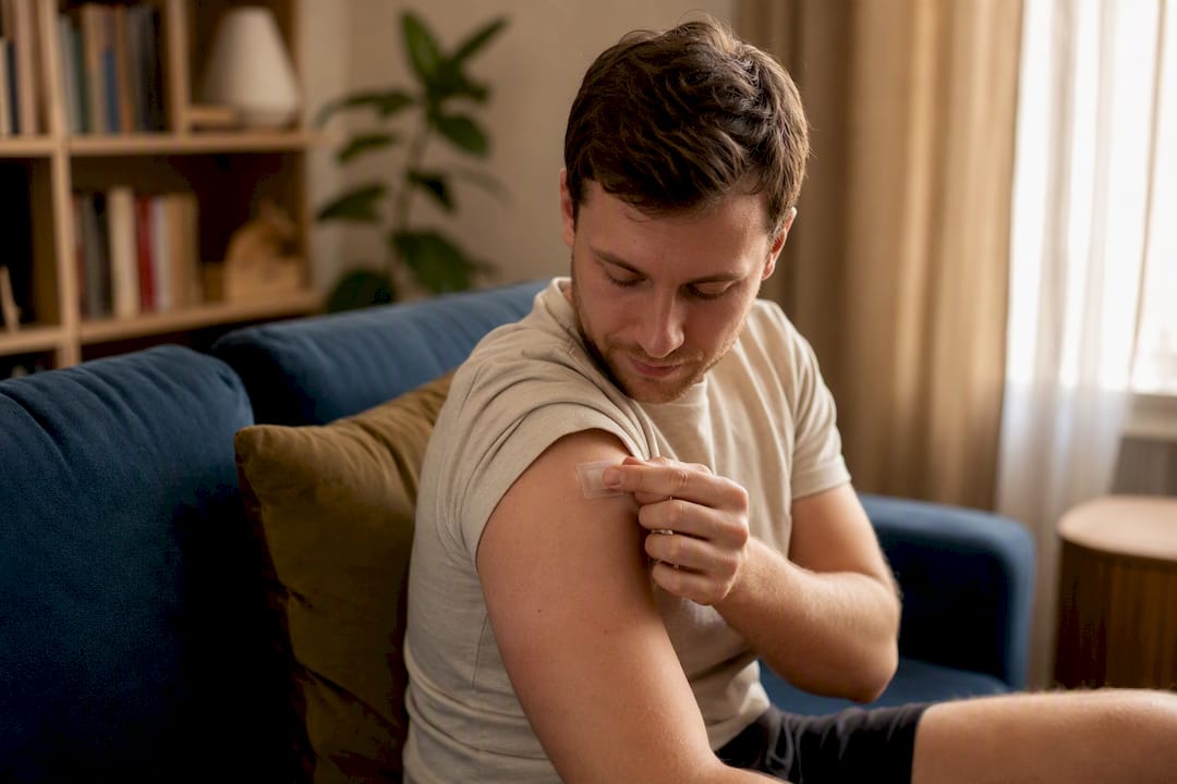 Close-up of arm applying Melanotan patch