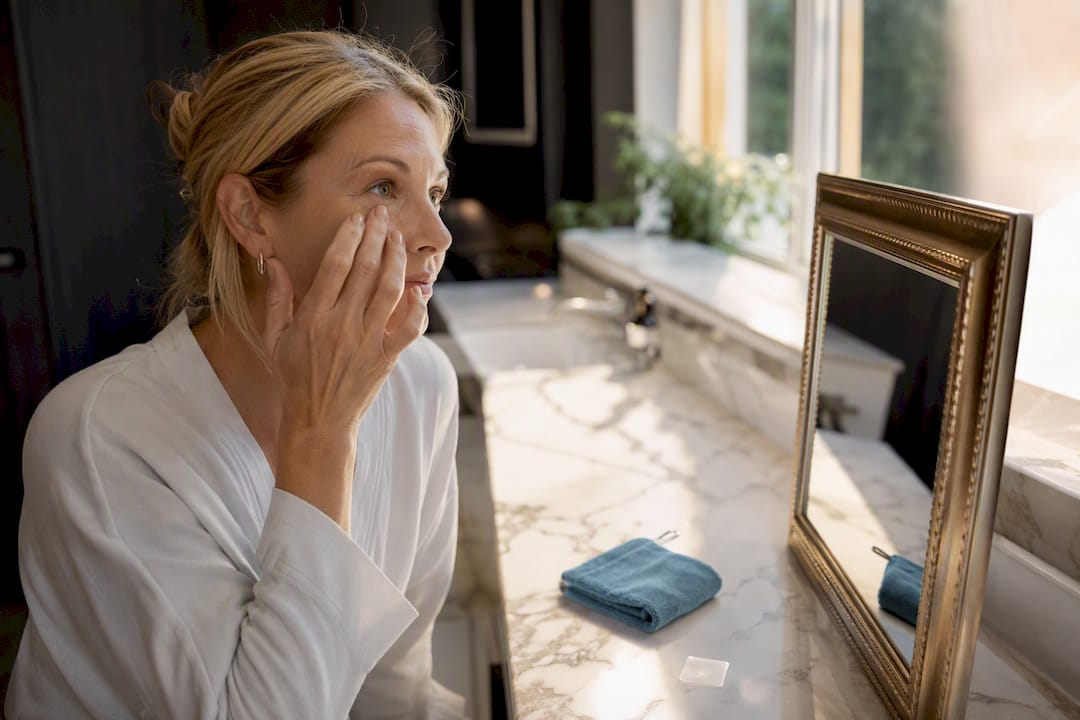 Woman tapping skin under eye for drainage