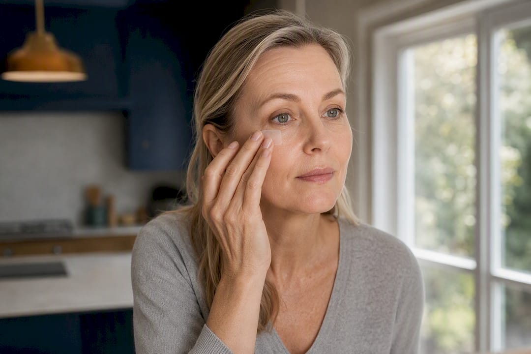 Woman applying small translucent eye patch