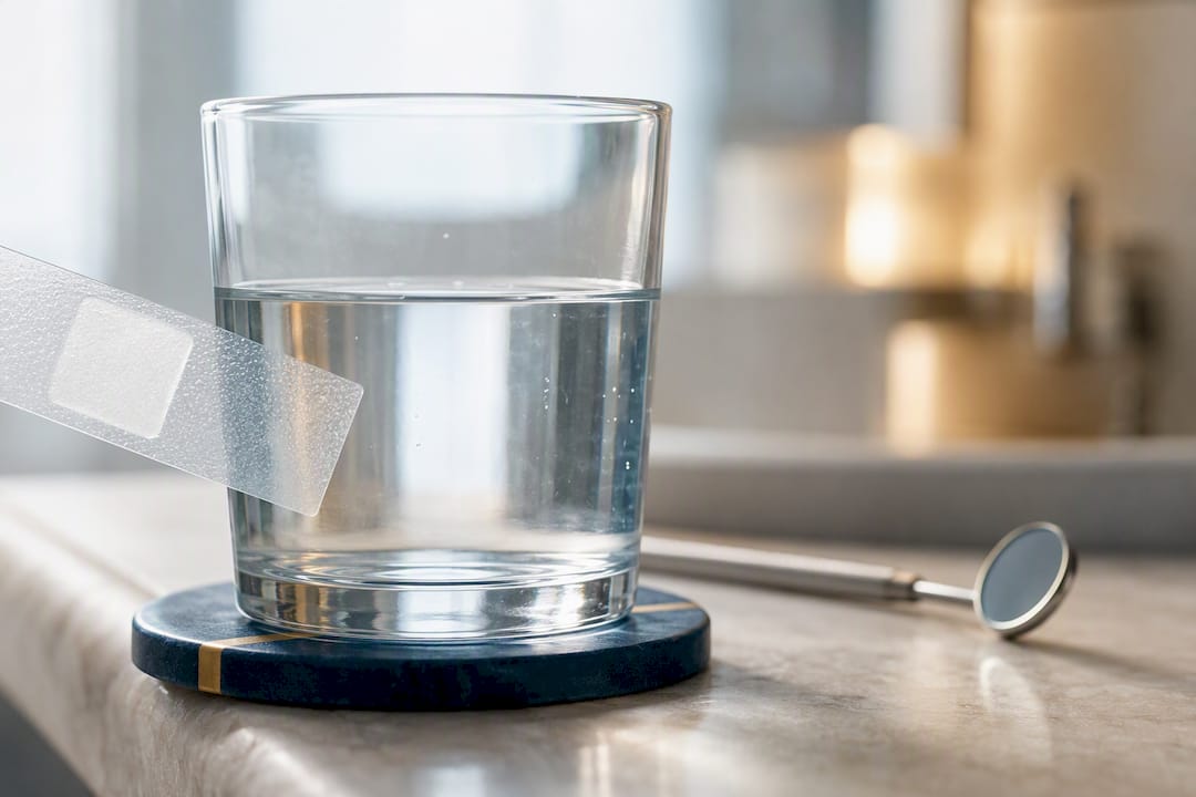 Whitening strip beside cool water and dental mirror