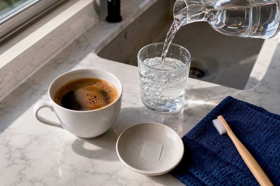 Water, coffee and toothbrush for stain prevention