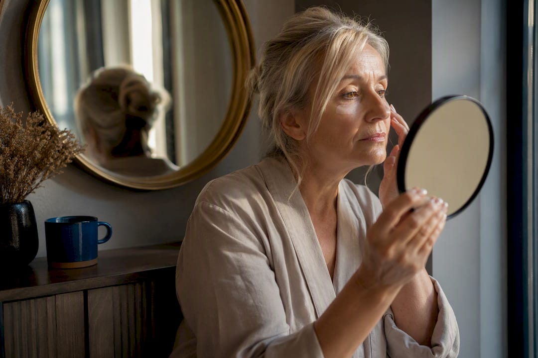 Older woman assessing morning under-eye puffiness