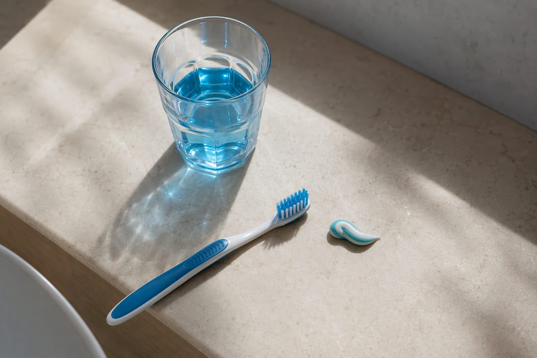 Toothbrush and mouthwash arranged for timing
