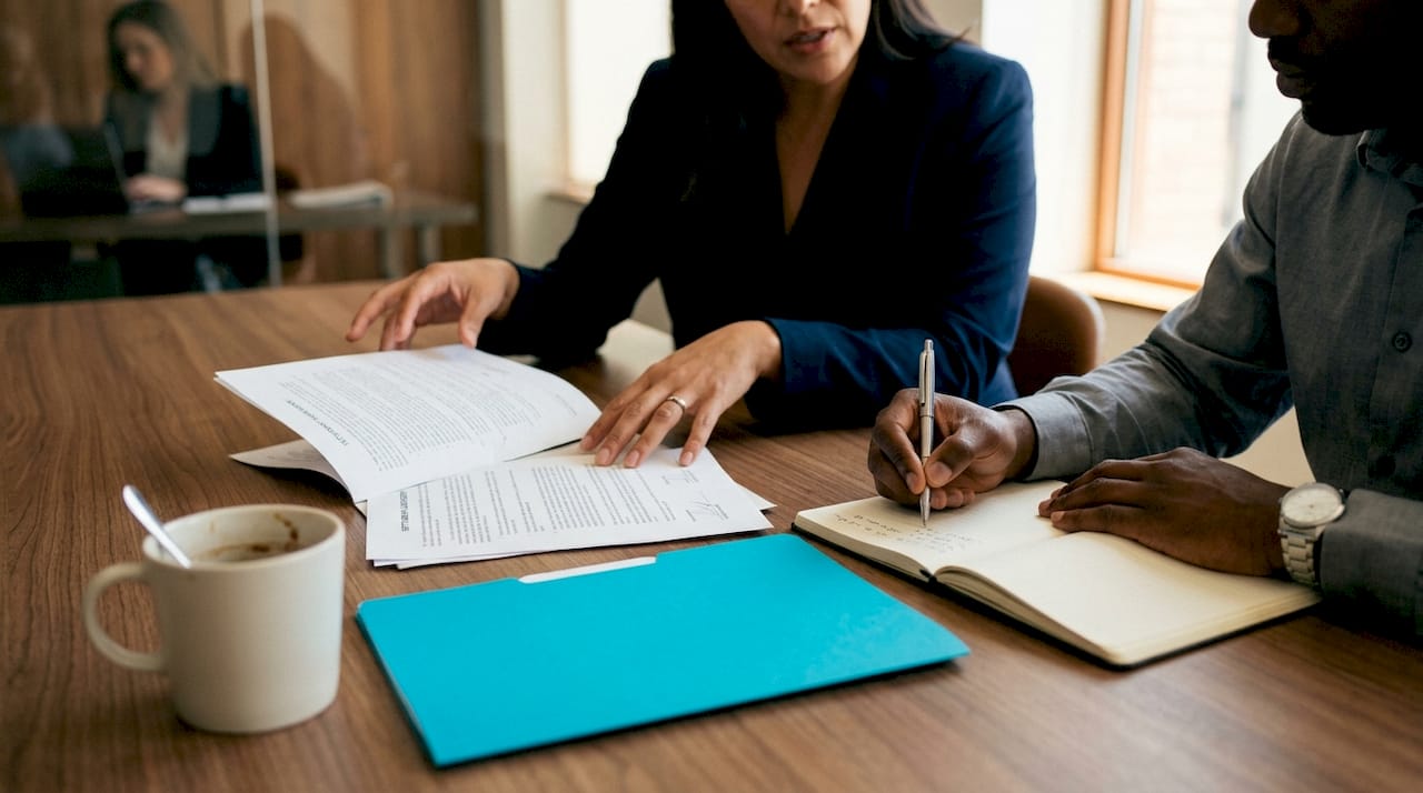 Hands reviewing settlement documents during negotiation