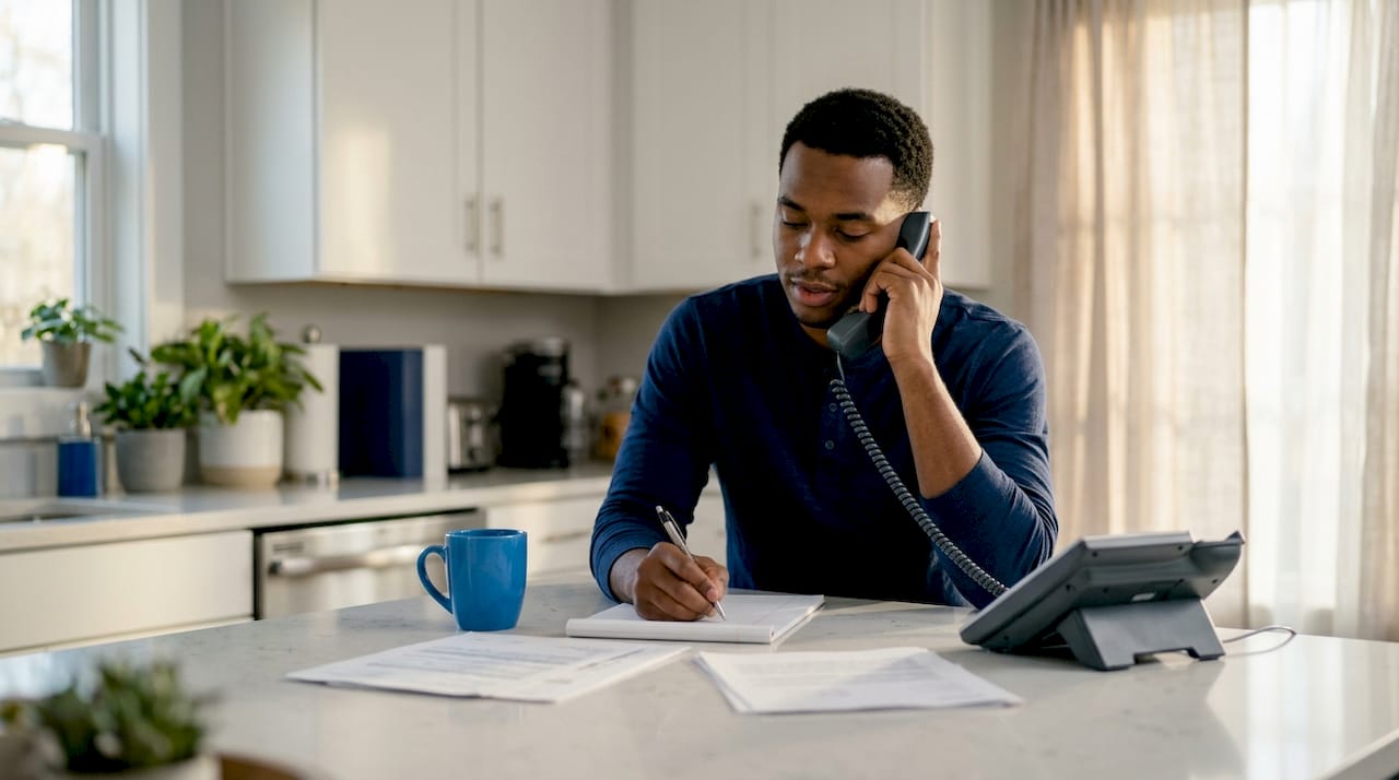 Man making insurance dispute phone call at desk