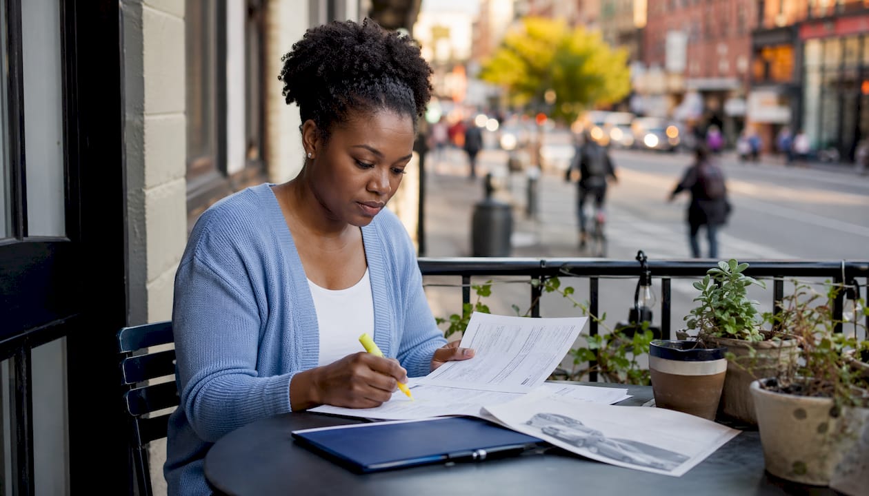 Woman reviewing car insurance claim documents