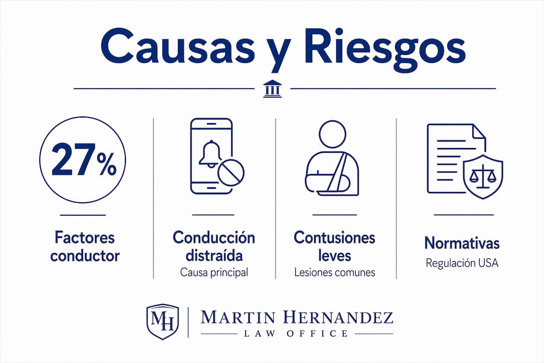 Infografía sobre las principales causas de accidentes en autobuses escolares, los riesgos asociados y la normativa vigente para prevenirlos.
