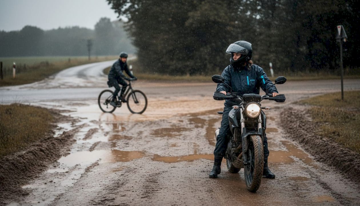 Motociclista y ciclista circulando por una carretera mojada bajo la lluvia