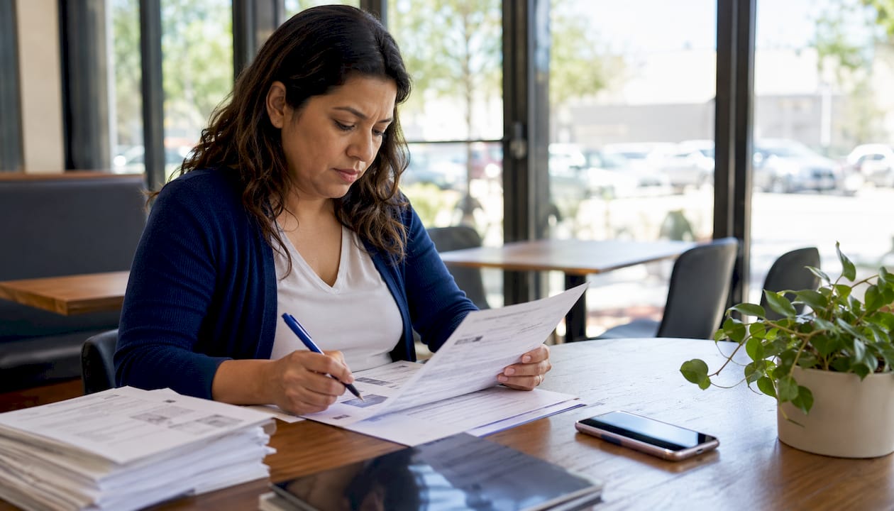 Hands filling out injury claim form at home