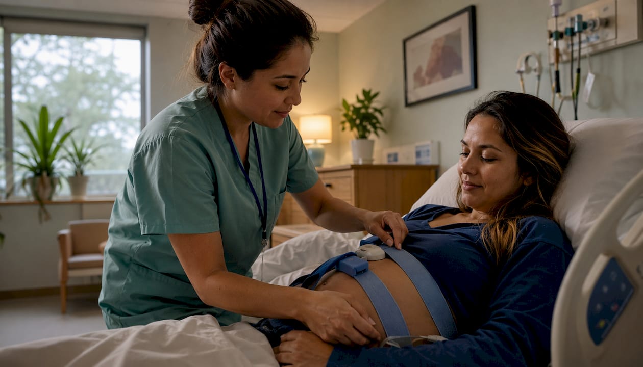 Nurse performing fetal monitoring in ER