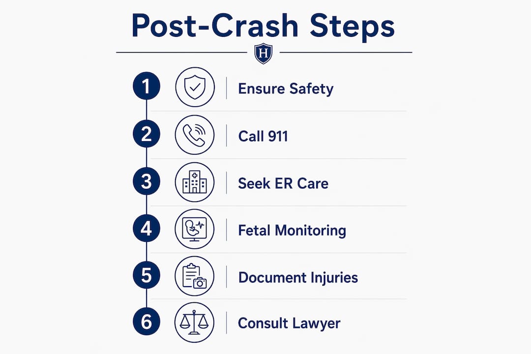 Infographic showing post-crash steps for pregnant women